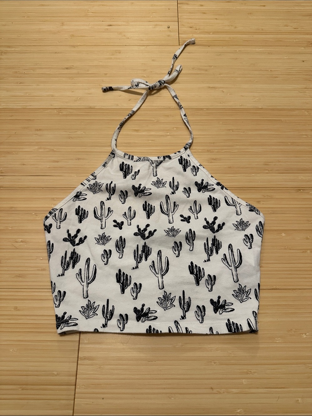 White Halter Crop Top with Black Cactus Print